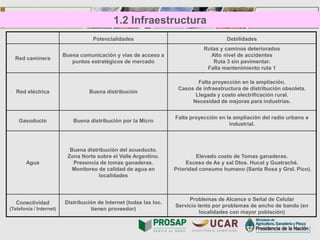 TÍTULO
Potencialidades Debilidades
Red caminera
Buena comunicación y vías de acceso a
puntos estratégicos de mercado
Rutas y caminos deteriorados
Alto nivel de accidentes
Ruta 3 sin pavimentar.
Falta mantenimiento ruta 1
Red eléctrica Buena distribución
Falta proyección en la ampliación.
Casos de infraestructura de distribución obsoleta.
Llegada y costo electrificación rural.
Necesidad de mejoras para industrias.
Gasoducto Buena distribución por la Micro
Falta proyección en la ampliación del radio urbano e
industrial.
Agua
Buena distribución del acueducto.
Zona Norte sobre el Valle Argentino.
Presencia de tomas ganaderas.
Monitoreo de calidad de agua en
localidades
Elevado costo de Tomas ganaderas.
Exceso de As y sal Dtos. Hucal y Guatraché.
Prioridad consumo humano (Santa Rosa y Gral. Pico).
Conectividad
(Telefonía / Internet)
Distribución de Internet (todas las loc.
tienen proveedor)
Problemas de Alcance o Señal de Celular
Servicio lento por problemas de ancho de banda (en
localidades con mayor población)
1.2 Infraestructura
 