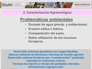 TÍTULO
2. Caracterización Agroecológica
Problemáticas ambientales
• Escasez de agua (precip. y subterránea).
• Erosión eólica e hídrica.
• Compactación del suelo.
• Sobre utilización de los recursos
forrajeros.
Desarrollar sistemas ganaderos con cargas flexibles.
Adecuar sistemas de labranzas y técnicas de manejo agrícola
Desarrollar cadenas forrajeras que “complementen” pastizales
naturales en momentos críticos.
Técnicas de rotación y manejo del pastizales naturales.
Infraestructura agropecuaria.
 