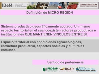 TÍTULO
Sistema productivo geográficamente acotado. Un mismo
espacio territorial en el cual coexisten actores productivos e
institucionales QUE MANTIENEN VINCULOS ENTRE SI.
Definición de MICRO REGION
Espacio territorial con condiciones agroecológicas,
estructura productiva, aspectos sociales y culturales
comunes.
Sentido de pertenencia
 