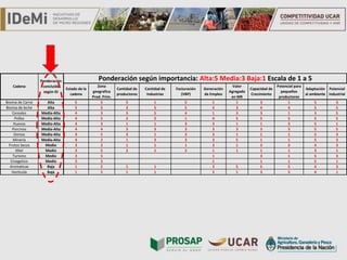 TÍTULO
Estado de la
cadena
Zona
geografica
Prod. Prim.
Cantidad de
productores
Cantidad de
Industrias
Facturación
(VBP)
Generación
de Empleo
Valor
Agregado
en MR
Capacidad de
Crecimiento
Potencial para
pequeños
productores
Adaptación
al ambiente
Potencial
Industrial
Bovina de Carne Alta 5 5 5 1 5 1 1 3 1 5 3
Bovina de leche Alta 5 5 3 5 5 4 3 4 4 5 5
Cereales Media-Alta 4 3 3 5 4 1 3 3 1 3 5
Pollos Media-Alta 4 5 2 5 1 4 5 5 5 5 5
Huevos Medio-Alta 4 3 1 1 3 3 1 1 3 5 1
Porcinos Media-Alta 4 4 3 3 3 3 3 3 3 5 5
Ovinos Media-Alta 4 5 3 1 3 3 1 1 1 5 3
Mineria Media-Alta 4 2 1 3 3 3 5 1 1 5 3
Frutos Secos Medio 3 2 1 1 1 3 1 3 3 4 3
Miel Medio 3 5 2 1 2 1 1 1 1 3 1
Turismo Medio 3 5 1 3 1 5 3
Cinegetico Medio 3 3 1 1 1 5 1
Aromaticas Baja 1 2 1 1 3 5 5 5 4 3
Horticola Baja 1 5 1 1 5 1 3 3 4 1
Cadena
Ponderación
concluida
según GI
Ponderación según importancia: Alta:5 Media:3 Baja:1 Escala de 1 a 5
 