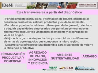 TÍTULO
- Fortalecimiento institucional y formación de RR.HH. orientado al
desarrollo productivo, calidad, productos y cuidado ambiental.
- Fortalecer y potenciar el desarrollo emprendedor juvenil, orientado
a adquirir capacidades empresarias que permitan generar nuevas
alternativas productivas vinculadas al ambiente y al agregado de
valor en origen.
- Mejorar la organización productiva y comercial en los diferentes
sistemas de agronegocios que componen la micro región.
- Desarrollar la infraestructura disponible para el agregado de valor y
la eficiencia productiva.
Ejes transversales a partir del diagnóstico
AGREGADO
DE VALOR,
INNOVACION
Y EFICIENCIA
ARRAIGO
AMBIENTE-
SUSTENTABILIDAD
ORGANIZACIÓN
PRODUCTIVA Y
COMERCIAL
 