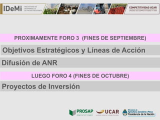 TÍTULO
Objetivos Estratégicos y Líneas de Acción
PROXIMAMENTE FORO 3 (FINES DE SEPTIEMBRE)
LUEGO FORO 4 (FINES DE OCTUBRE)
Proyectos de Inversión
Difusión de ANR
 