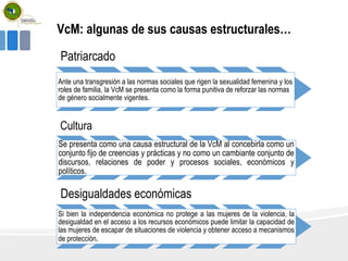 VcM: algunas de sus causas estructurales…
Patriarcado
Ante una transgresión a las normas sociales que rigen la sexualidad femenina y los
roles de familia, la VcM se presenta como la forma punitiva de reforzar las normas
de género socialmente vigentes.
Cultura
Se presenta como una causa estructural de la VcM al concebirla como un
conjunto fijo de creencias y prácticas y no como un cambiante conjunto de
discursos, relaciones de poder y procesos sociales, económicos y
políticos.
Desigualdades económicas
Si bien la independencia económica no protege a las mujeres de la violencia, la
desigualdad en el acceso a los recursos económicos puede limitar la capacidad de
las mujeres de escapar de situaciones de violencia y obtener acceso a mecanismos
de protección.
 