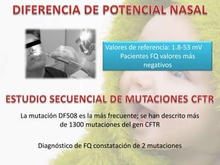 Valores de referencia: 1.8-53 mV
                                Pacientes FQ valores más
                                        negativos




La mutación DF508 es la más frecuente; se han descrito más
            de 1300 mutaciones del gen CFTR

     Diagnóstico de FQ constatación de 2 mutaciones
 