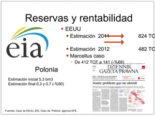 Reservas y rentabilidad
● EEUU
● Estimación 2011 824 TC
● Estimación 2012 482 TC
● Marcellus caso
● De 412 TCF a 141 (-%66)
Polonia
Estimación inicial 5,3 bm3
Estimación final 0,3 y 0,7 (-%90)
Fuentes: Caso de EEUU, EIA. Caso de Polonia agencia EFE.
 