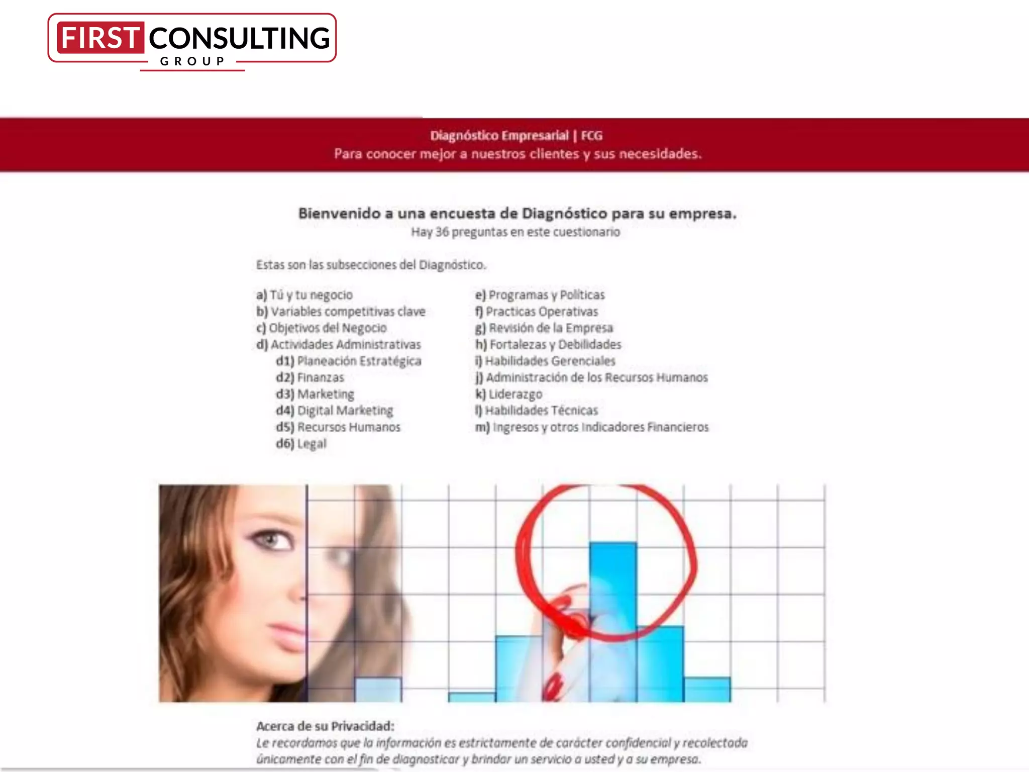 Diagnóstico Empresarial
FCG
(patente pendiente)
Nuestra metodología abarca
el diagnóstico y evaluación
automática vía web de
diversas áreas de la gestión
empresarial para identificar
áreas de oportunidad de
nuestros clientes.
 