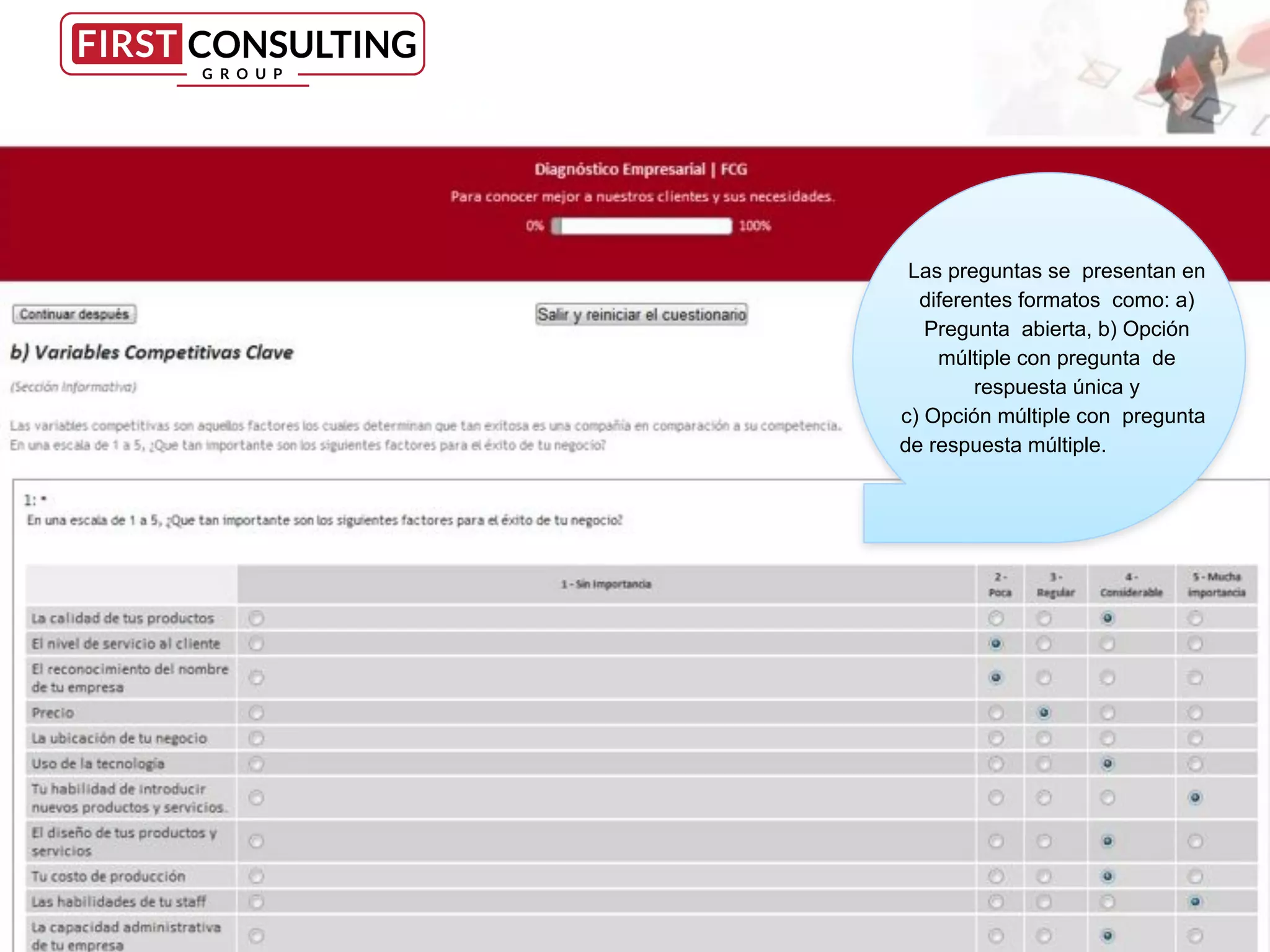 Las preguntas se presentan en
diferentes formatos como: a)
Pregunta abierta, b) Opción
múltiple con pregunta de
respuesta única y
c) Opción múltiple con pregunta
de respuesta múltiple.
 