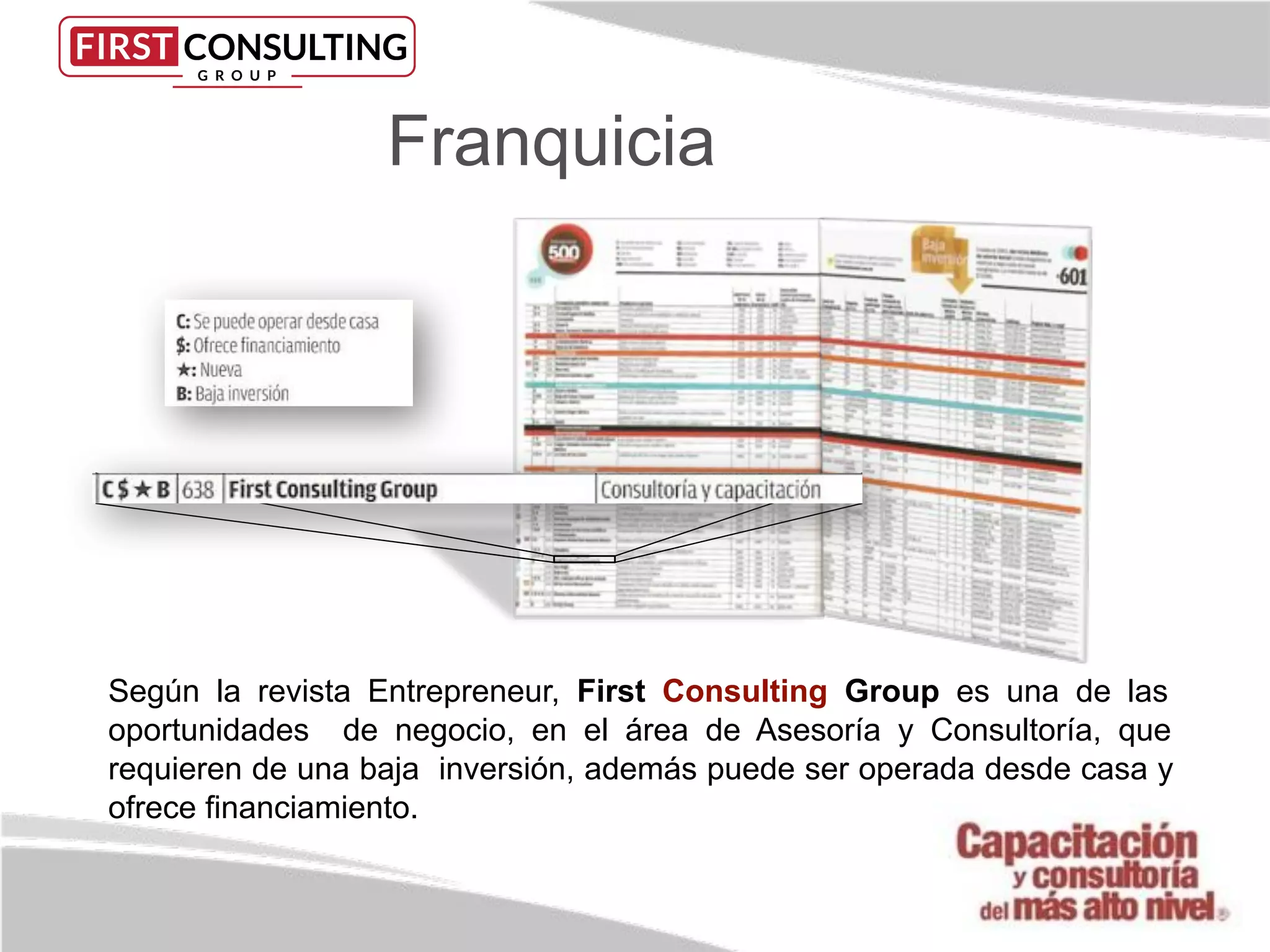 Según la revista Entrepreneur, First Consulting Group es una de las
oportunidades de negocio, en el área de Asesoría y Consultoría, que
requieren de una baja inversión, además puede ser operada desde casa y
ofrece ﬁnanciamiento.
Franquicia
 