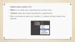 • Audios mono, estéreo y 5.1
• Mono: es el sonido que se reproduce por un único canal
• Estéreo: utiliza dos canales de grabación o reproducción
• 5.1: es un sistema de audio con 5 satélites y 1 refuerzo de bajos usado en las
películas
 