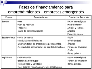 Fases de financiamiento para emprendimientos – empresas emergentes -Socios estratégicos -Fondos de inversión -Banca privad...