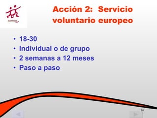 Acción 2:  Servicio voluntario europeo 18-30 Individual o de grupo 2 semanas a 12 meses Paso a paso 