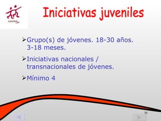 Grupo(s) de jóvenes. 18-30 años. 3-18 meses. Iniciativas nacionales / transnacionales de jóvenes. Mínimo 4 Iniciativas juveniles 