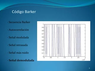 Código Barker

· Secuencia Barker

· Autocorrelación

· Señal modulada

· Señal retrasada

· Señal más ruido

· Señal demodulada

                     8
 