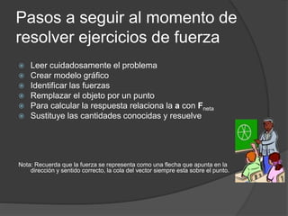 Pasos a seguir al momento de
resolver ejercicios de fuerza
 Leer cuidadosamente el problema
 Crear modelo gráfico
 Identificar las fuerzas
 Remplazar el objeto por un punto
 Para calcular la respuesta relaciona la a con Fneta
 Sustituye las cantidades conocidas y resuelve
Nota: Recuerda que la fuerza se representa como una flecha que apunta en la
dirección y sentido correcto, la cola del vector siempre esta sobre el punto.
 