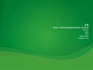 3.0
PASO 3. MAPA DE ABERTURA DEL NEGOCIO
                                SoftSim
                                   apps
                                    iSim
                          membership
                         wor(l)der store
 