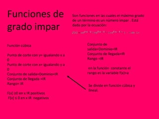 Funciones de                          Son funciones en las cuales el máximo grado
                                      de un término es un número impar . Está

grado impar                           dada por la ecuación:




Función cúbica                                 Conjunto de
                                               salida=Dominio=IR
Punto de corte con y= igualando x a            Conjunto de llegada=IR
0                                              Rango =IR
Punto de corte con x= igualando y a
0                                               en la función constante el
Conjunto de salida=Dominio=IR                  rango es la variable f(x)=a
Conjunto de llegada =IR
Rango= IR                                      Se divide en función cúbica y
                                               lineal.
F(x) ≥0 en x IR positivos
F(x) ≤ 0 en x IR negativos
 