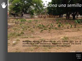 1.Dona una semilla
Nutrición: Aporta al desarrollo de una huerta, para que la
institución pueda abastecerse, brindando siempre una buena
alimentación a todos los integrantes de la institución.
La Misión – 03/2013
 