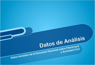de An álisis
                         Datos                        opía
                                               Filantr vil
                                          sobre dad Ci
                                   cional         e
                       nc uesta N
                                 a         y Soci
                de la E
          mados
D atos to
 