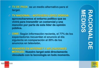 "   TV DE PAGA: es un medio alternativo para el
    target.




                                                      MEDIOS
                                                      RACIONAL DE
"   TV NACIONAL – NOTICIERO LÓPEZ DÓRIGA:
    aprovecharemos el entorno político que se
    vivirá para transmitir un comercial y una
    mención por parte de este líder de opinión
    pública.

"   CINE: Según información reciente, el 77% de los
    espectadores recuerdan el anuncio al día
    siguiente en comparación al 20% de los
    anuncios en televisión.

"   BANNERS EN INTERNET Y APLICACIONES
    MÓVILES: Nuestro target está directamente
    vinculado con la tecnología en todo momento.
 