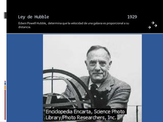 Ley de Hubble                                                                    1929
Edwin Powell Hubble, determina que la velocidad de una galaxia es proporcional a su
distancia.
 