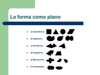 La forma como plano
a) Geométricas
b) Orgánicas
c) Rectilíneas
d) Irregulares
e) Manuscritas
f) Accidentales
 