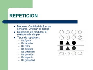REPETICION
Módulos: Cantidad de formas
similares. Unifican el diseño
Repetición de módulos: El
método más simple.
Tipos de repetición:
– De figura
– De tamaño
– De color
– De Textura
– De Dirección
– De posición
– De espacio
– De gravedad
 