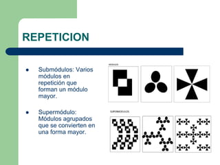 REPETICION
Submódulos: Varios
módulos en
repetición que
forman un módulo
mayor.
Supermódulo:
Módulos agrupados
que se convierten en
una forma mayor.
 