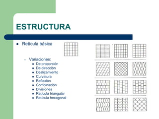 ESTRUCTURA
Retícula básica
– Variaciones:
De proporción
De dirección
Deslizamiento
Curvatura
Reflexión
Combinación
Divisiones
Retícula triangular
Retícula hexagonal
 