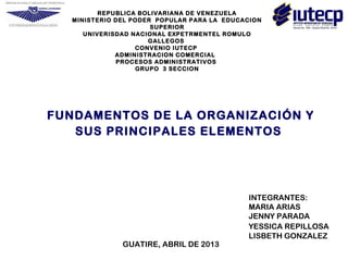 REPUBLICA BOLIVARIANA DE VENEZUELA
MINISTERIO DEL PODER POPULAR PARA LA EDUCACION
SUPERIOR
UNIVERISDAD NACIONAL EXPETRMENTEL ROMULO
GALLEGOS
CONVENIO IUTECP
ADMINISTRACION COMERCIAL
PROCESOS ADMINISTRATIVOS
GRUPO 3 SECCION
FUNDAMENTOS DE LA ORGANIZACIÓN Y
SUS PRINCIPALES ELEMENTOS
INTEGRANTES:
MARIA ARIAS
JENNY PARADA
YESSICA REPILLOSA
LISBETH GONZALEZ
GUATIRE, ABRIL DE 2013
 