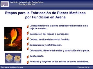 Instituto Universitario Pedagógico
“Santiago Mariño”

Etapas para la Fabricación de Piezas Metálicas
por Fundición en Arena
Compactación de la arena alrededor del modelo en la
caja de moldeo.
Colocación del macho o corazones.
Colada. Vertido del material fundido
Enfriamiento y solidificación.
Desmoldeo. Rotura del molde y extracción de la pieza.
Desbarbado.
Acabado y limpieza de los restos de arena adheridos.
Procesos de Manufactura

Febrero, 2014

 