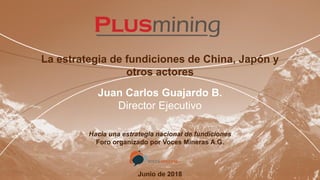 La estrategia de fundiciones de China, Japón y
otros actores
Hacia una estrategia nacional de fundiciones
Foro organizado por Voces Mineras A.G.
Junio de 2018
Juan Carlos Guajardo B.
Director Ejecutivo
 