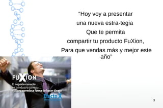 3
“Hoy voy a presentar
una nueva estra­tegia
Que te permita
compartir tu producto FuXion,
Para que vendas más y mejor este
año”
 