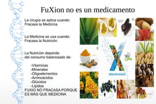 5
FuXion no es un medicamento
La cirugía se aplica cuando:
Fracasa la Medicina.
La Medicina se usa cuando:
Fracasa la Nutrición.
La Nutrición depende
del consumo balanceado de:
-Vitaminas
-Minerales
-Oligoelementos
-Aminoácidos
-Glúcidos
-Lípidos
FUXIO NO FRACASA PORQUE
ES MÁS QUE MEDICINA
 