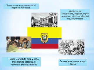 Se reconoce expresamente el
     Régimen Municipal.
                                        Gobierno es
                                republicano, popular, repre
                                sentativo, electivo, alternat
                                      ivo, responsable




  Haber cumplido diez y ocho
    años siendo casados, o     Se condena la usura y el
   veintiuno siendo solteros           duelo
 