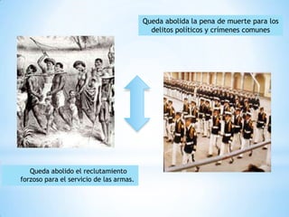 Queda abolida la pena de muerte para los
                                           delitos políticos y crímenes comunes




   Queda abolido el reclutamiento
forzoso para el servicio de las armas.
 