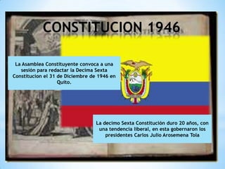 CONSTITUCION 1946

 La Asamblea Constituyente convoca a una
   sesión para redactar la Decima Sexta
Constitucion el 31 de Diciembre de 1946 en
                   Quito.




                                  La decimo Sexta Constitución duro 20 años, con
                                   una tendencia liberal, en esta gobernaron los
                                      presidentes Carlos Julio Arosemena Tola
 