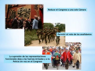 Reduce el Congreso a una solo Cámara




                                                    Permitir el voto de los analfabetos




    La supresión de las representaciones
funcionales deja a las fuerzas Armadas y a la
        Policía sin voz en el Congreso
 