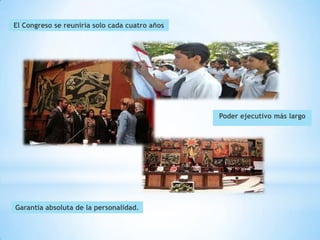 El Congreso se reuniría solo cada cuatro años




                                                Poder ejecutivo más largo




Garantía absoluta de la personalidad.
 