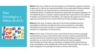 Plan
Estratégico y
Metas deAichi
Meta 6: Para 2020, todas las reservas de peces e invertebrados y plantas acuáticas
se ge...