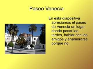 Paseo Venecia En esta diapositiva apreciamos el paseo de Venecia un lugar donde pasar las tardes, hablar con los amigos y enamorarse porque no. 