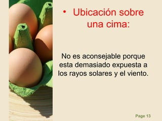 Page 13
• Ubicación sobre
una cima:
No es aconsejable porque
esta demasiado expuesta a
los rayos solares y el viento.
 