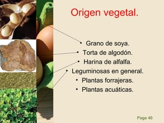 Page 40
Origen vegetal.
• Grano de soya.
• Torta de algodón.
• Harina de alfalfa.
• Leguminosas en general.
• Plantas forrajeras.
• Plantas acuáticas.
 
