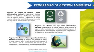 PROGRAMAS DE GESTION AMBIENTAL
Programa de Gestion de Residuos sedes
administrativas Nacional : Implementar buenas
prácticas en el Manejo , clasificación y disposición
final de residuos solidos y peligrosos en todas
nuestras sedes a nivel nacional , dando cumplimiento
a lo dispuesto en la normatividad legal vigente.
Programa Uso eficiente del Agua sedes administrativas
Nacional: Implementación de buenas prácticas en el consumo de
agua en todas nuestras sedes a nivel nacional, contribuyendo de
esta manera con la conservación del recurso y dar cumplimiento a
lo dispuesto en la normatividad legal vigente.
Programa Uso eficiente de la energía sedes administrativas
Nacional: Implementar el ahorro y uso eficiente de energía
en todas nuestras sedes a nivel nacional , contribuyendo de
esta manera con la conservación del recurso y dar
cumplimiento a lo dispuesto en la normatividad legal vigente.
Coordinación Nal de gestión ambiental
Gerencia de planeación y desarrollo
 
