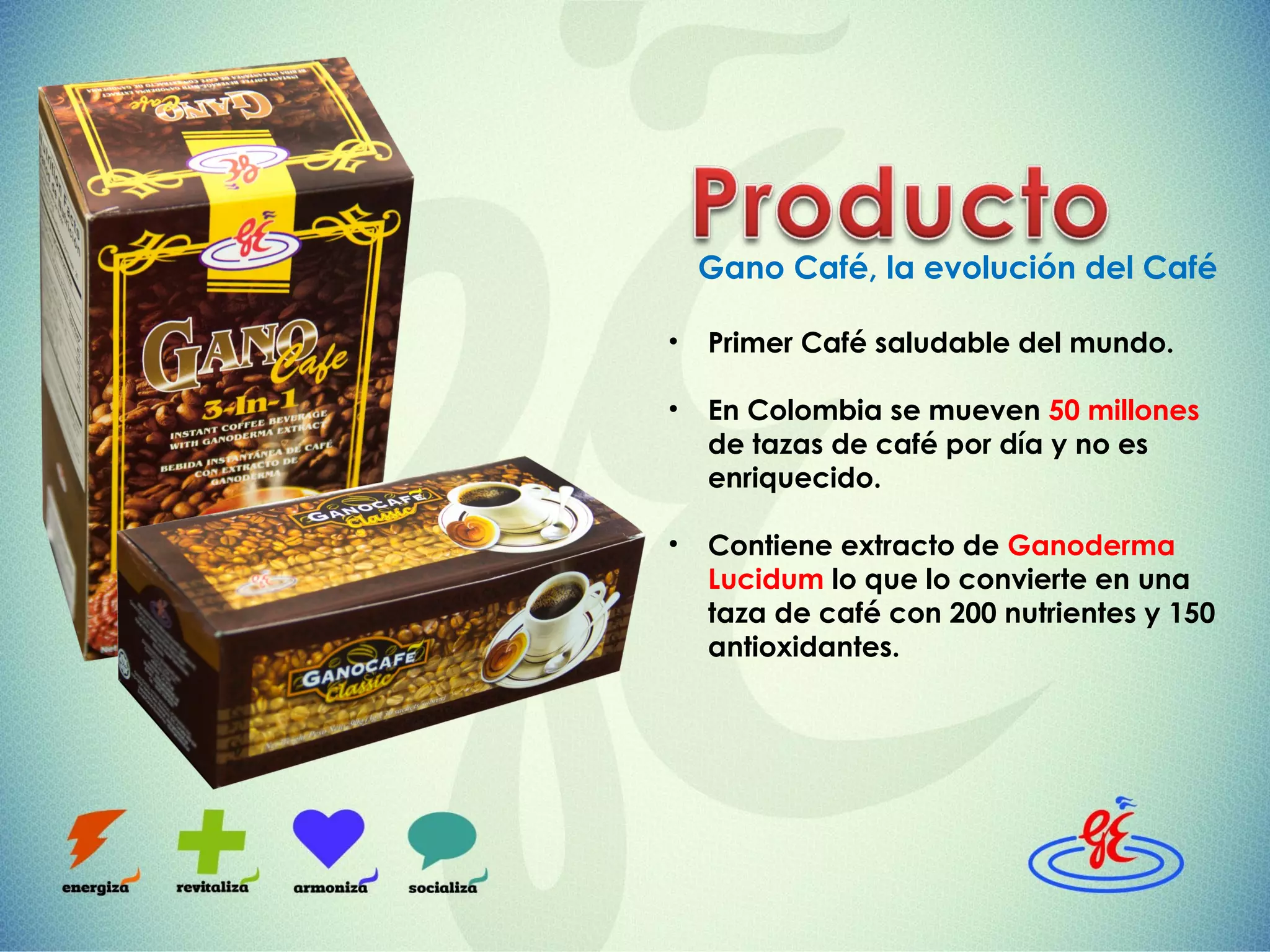 Gano Café, la evolución del Café
•
Primer Café saludable del mundo.
•
En Colombia se mueven 50 millones
de tazas de café por día y no es
enriquecido.
•
Contiene extracto de Ganoderma
Lucidum lo que lo convierte en una
taza de café con 200 nutrientes y 150
antioxidantes.