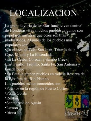 LOCALIZACION La gran mayoría de los Garífunas viven dentro de Honduras. Hay muchos pueblos, algunos son populares mientras que otros son más inadvertidos. Algunos de los pueblos más populares son: En el área de Tela: San Juan, Triunfo de la Cruz, Miami y La Ensendada.  En La Ceiba: Corozal y Sambo Creek  En Trujillo; Trujillo, Santa Fe, San Antonia y Guadaloupe  En Batalla, tienen pueblos en toda la Reserva de la Biosfera del Río Plátano.  Los pueblos menos conocidos son: Pueblos en la región de Puerto Cortés  Punta Gorda  Roatán  Santa Rosa de Aguán  Lemon  Iriona  