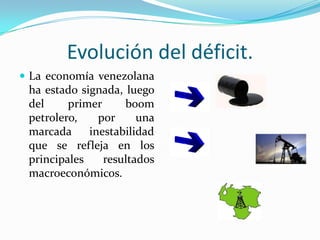 Evolución del déficit.
 La economía venezolana

ha estado signada, luego
del
primer
boom
petrolero,
por
una
marcada
inestabilidad
que se refleja en los
principales
resultados
macroeconómicos.

 