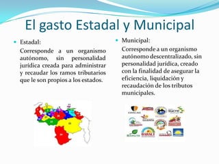 El gasto Estadal y Municipal
 Estadal:

Corresponde a un organismo
autónomo, sin personalidad
jurídica creada para administrar
y recaudar los ramos tributarios
que le son propios a los estados.

 Municipal:

Corresponde a un organismo
autónomo descentralizado, sin
personalidad jurídica, creado
con la finalidad de asegurar la
eficiencia, liquidación y
recaudación de los tributos
municipales.

 
