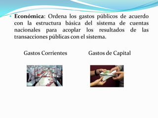 • Económica: Ordena los gastos públicos de acuerdo

con la estructura básica del sistema de cuentas
nacionales para acoplar los resultados de las
transacciones públicas con el sistema.
Gastos Corrientes

Gastos de Capital

 