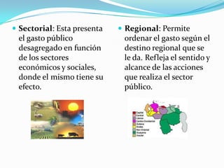  Sectorial: Esta presenta

el gasto público
desagregado en función
de los sectores
económicos y sociales,
donde el mismo tiene su
efecto.

 Regional: Permite

ordenar el gasto según el
destino regional que se
le da. Refleja el sentido y
alcance de las acciones
que realiza el sector
público.

 