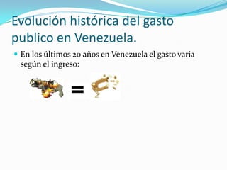 Evolución histórica del gasto
publico en Venezuela.
 En los últimos 20 años en Venezuela el gasto varia

según el ingreso:

 